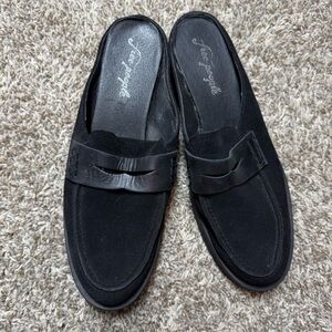 Free People Payton Suede Slip on Stacked Heeled Penny Loafer Mules Black